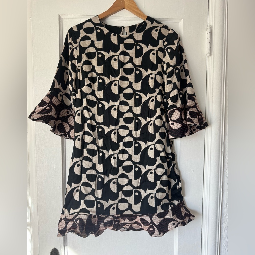 Anthropologie Black and Cream Patterned Long Sleeve Dress